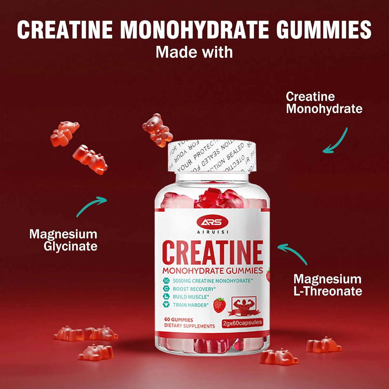 

1 bottle apple flavored creatine gummies to expand muscle cells and enhance muscle strength providing energy and health food