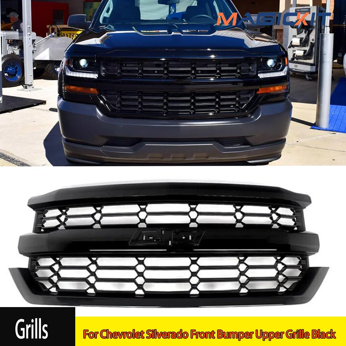 

MAGICKIT Fit For Chevrolet Silverado Front Bumper Upper Grille Black 2016 2017 2018 2019