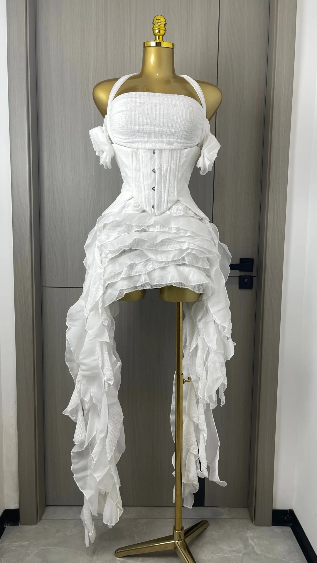 Women Skirt Suit Draped Dress Three Piece Sets Sexy Halter Ruffled Dress Lace-up Corset Top Shorts Party Cocktail Dress Vestidos image 5