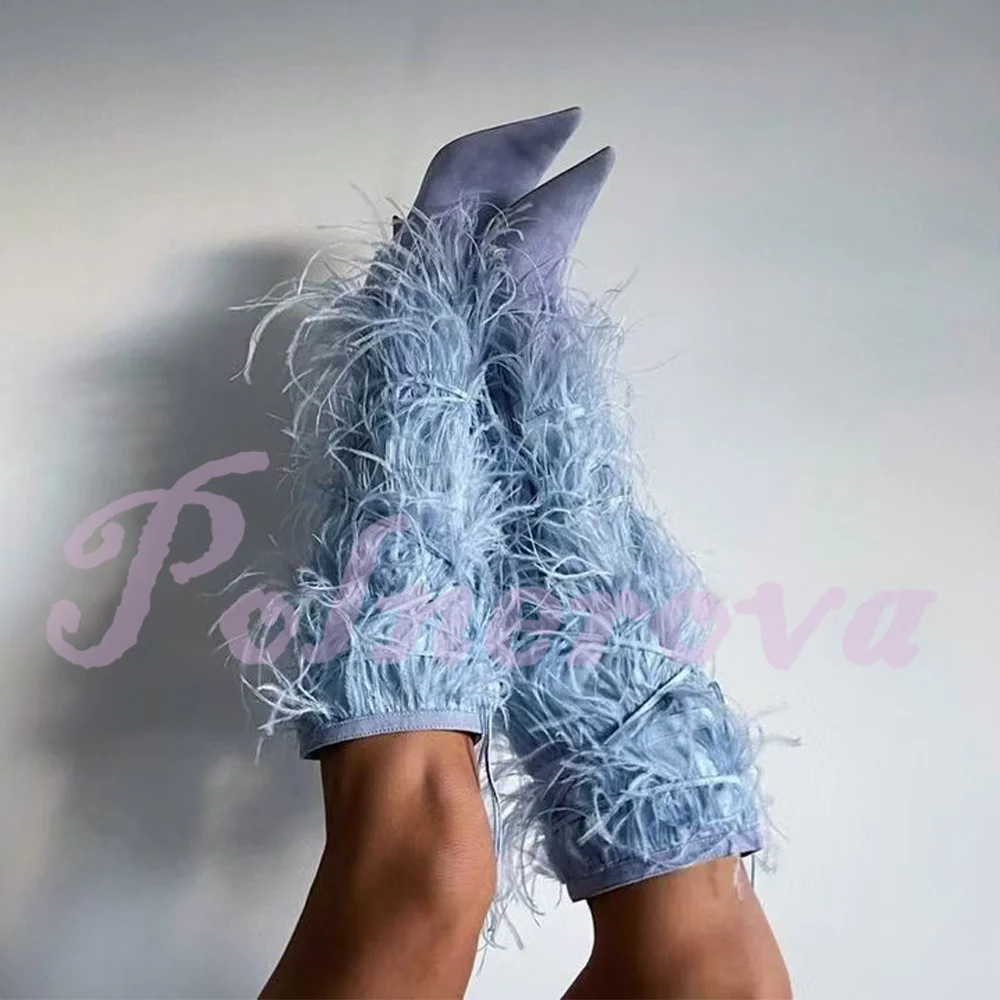 Blue Feather Pointy Knee High Boots Women Novelty Designer Side-Zip Stiletto High Heels White/pink Boots Zapatos Para Mujere