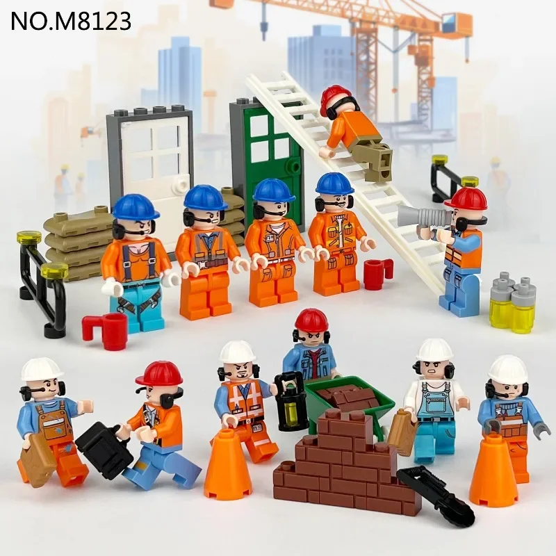 Urban engineering, construction workers and children assemble building blocks, weapons, Christmas gifts and birthday gifts.