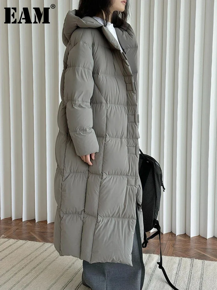 [EAM] Gray Big Size Keep Warm Down Jacket New Hooded Long Sleeve Warm Women Parkas Fashion Tide Autumn Winter 2024 1DH8139