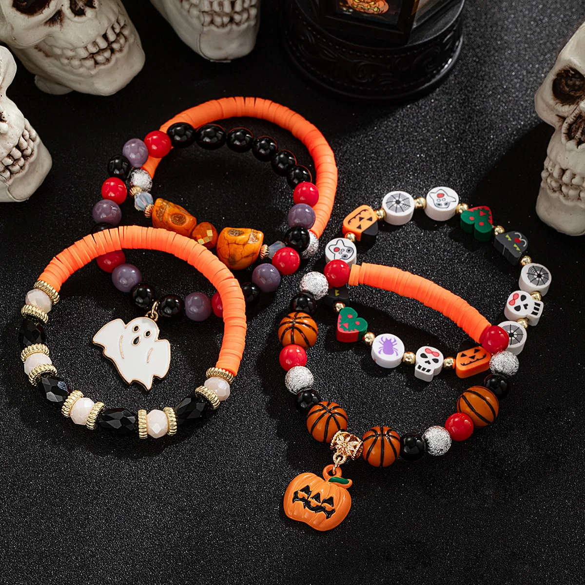 5 Halloween bead bracelets, multiple sets, drip oil little devil pumpkin pendant, soft ceramic bracelet