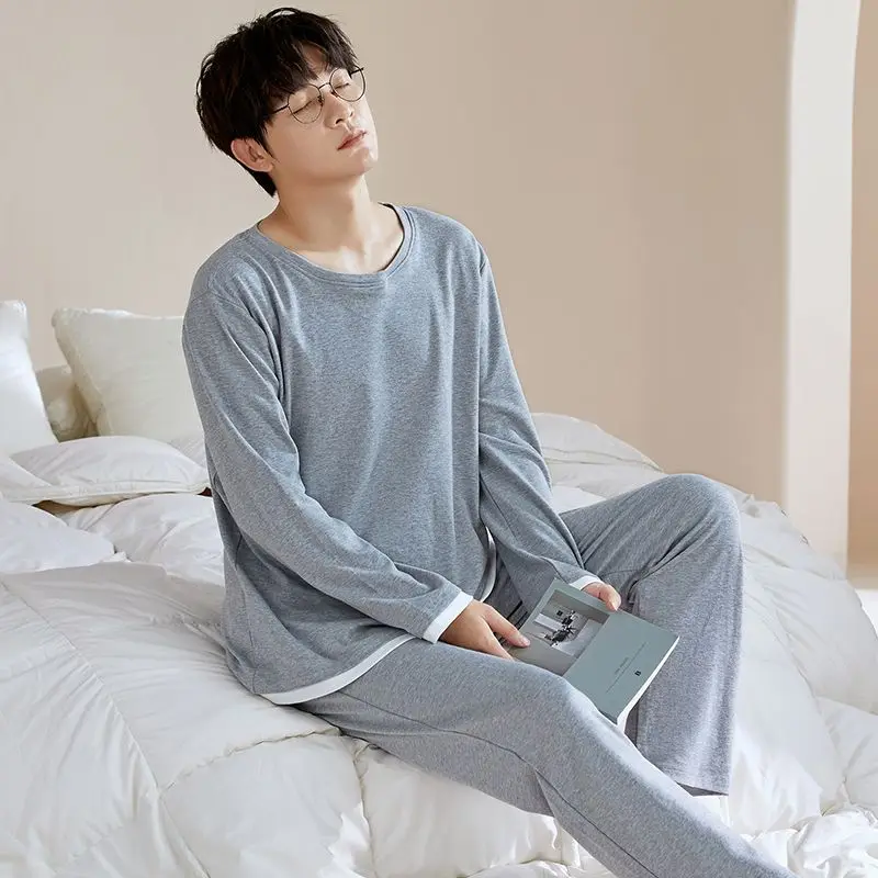 2025 Autumn Long Sleeve 100% Cotton Pajama Sets for Men Korean Loose High Quality Sleepwear Pyjama Male Homewear Home Clothes