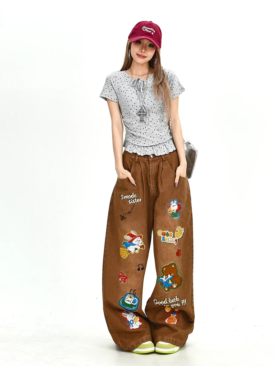 

Lazy Cartoon Patchwork Embroidered Denim Pants Women's Loose BF Sle Summer New Vintage Floor-Length Wide Leg Jeans