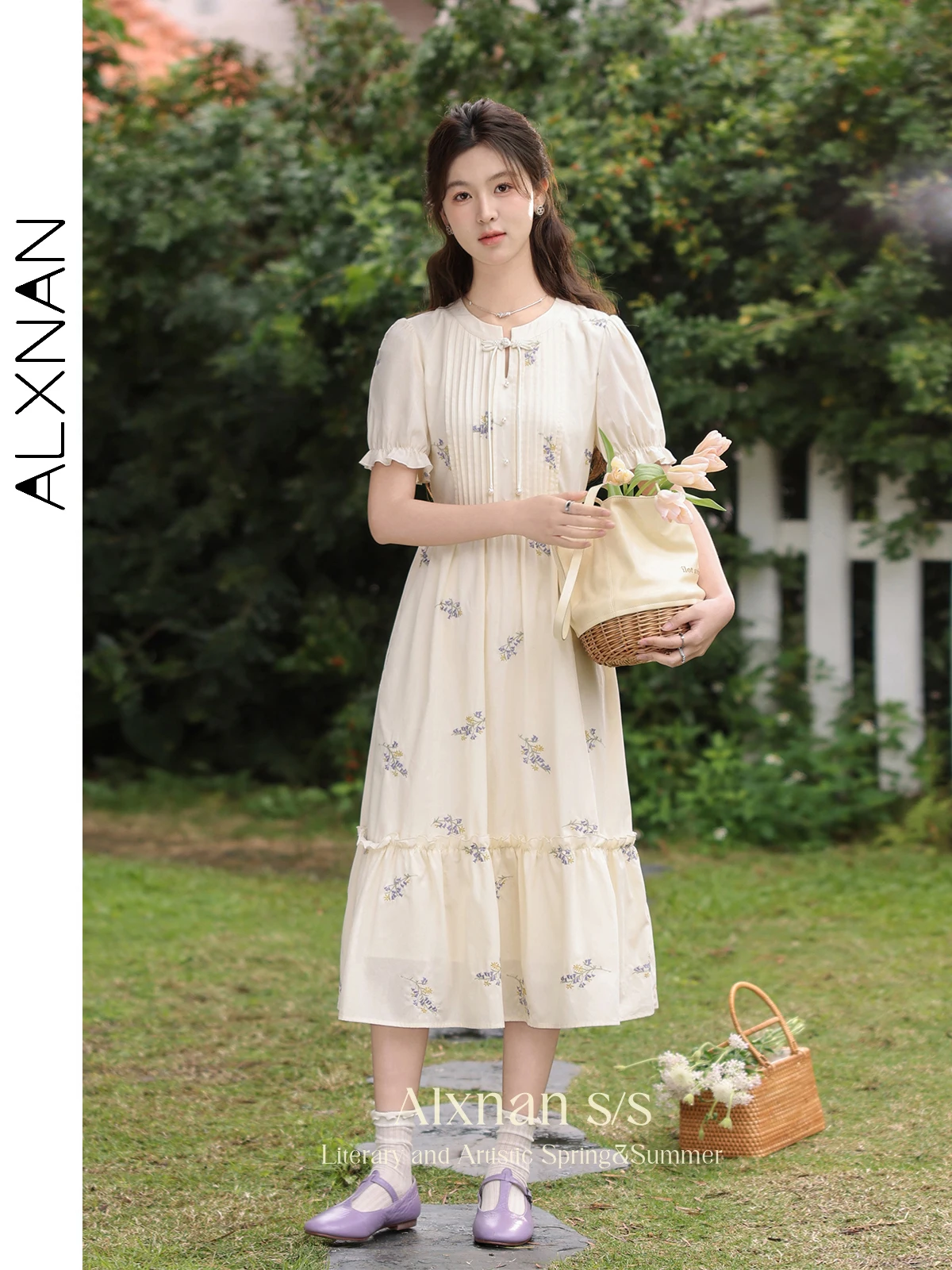 

ALXNAN Floral Printed Dress Women Pleated Front Fitted Flared Midi Dress Summer Vacation Outfits Woman 2024 Clothes L35001