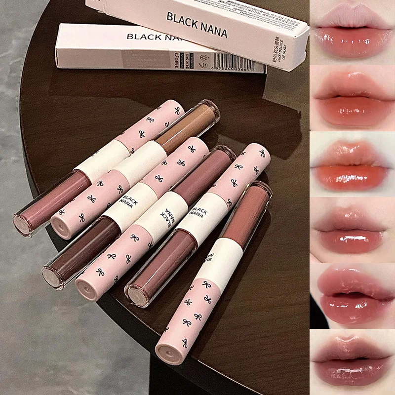 BLACK NANA Dual-Head Lip Gloss — Mirror Shine, Cross-Border Water-Gloss Finish, Gray-Pink Lip Clay, Subtle Nude Makeup