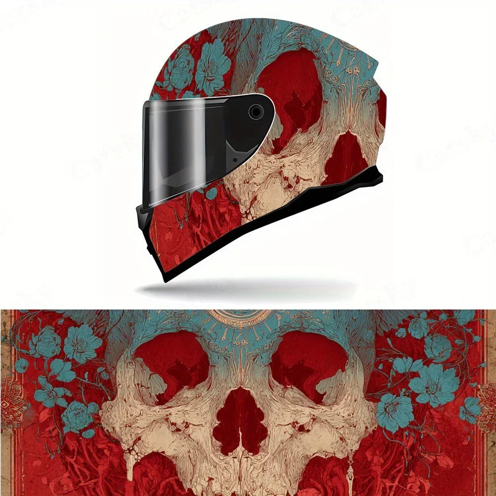 

Skull with Floral Motif Art Red Splatter PVC Motorcycle Helmet Vinyl Wrap, Self-Adhesive Waterproof Sticker, Anti-Scratch Decora