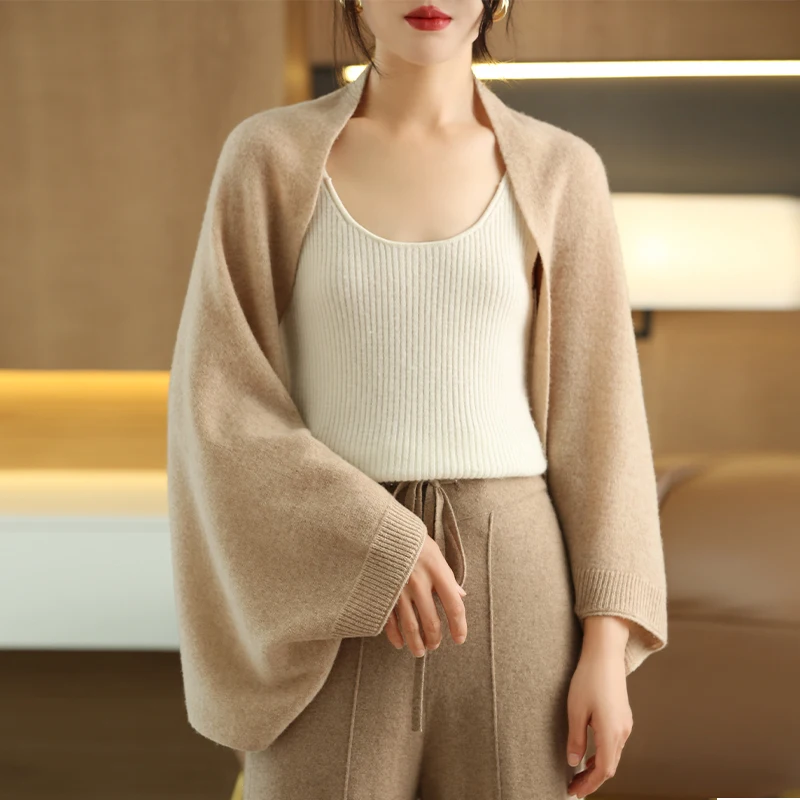 Women 100% Merino Wool Cardigan Scarf Sweater Shawl Loose Cashmere Top Autumn Winter Soft Cozy Knitted Fashion Clothes Scarf