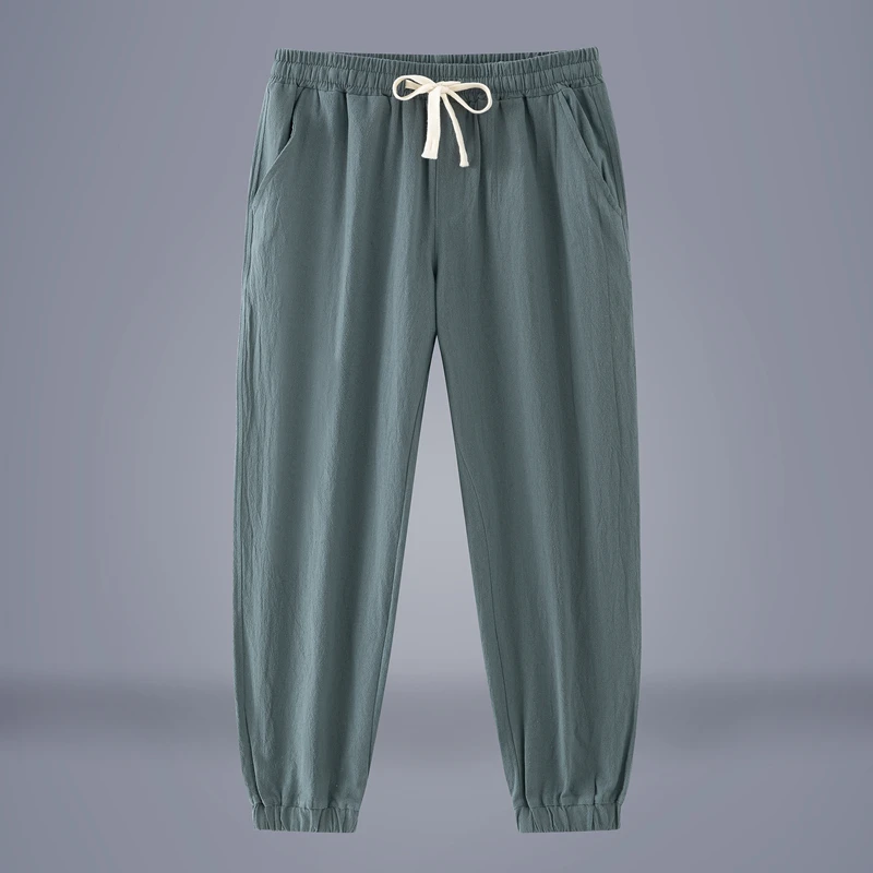 

Летние тонкие хлопковые льняные мужские брюки свободного кроя, повседневные шаровары с широким поясом, свободные длинные брюки, удобные, дышащие, молодежные