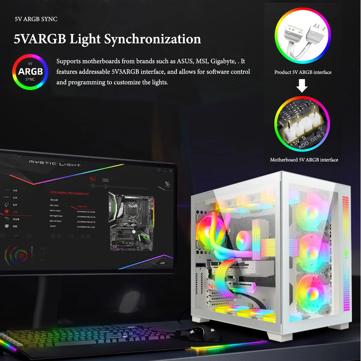 ARGB Neon Light Panel for PC Case, 5V 3Pin ARGB Sync LED Strip with Mounting Clips, DIY Computer Case Lighting Bar