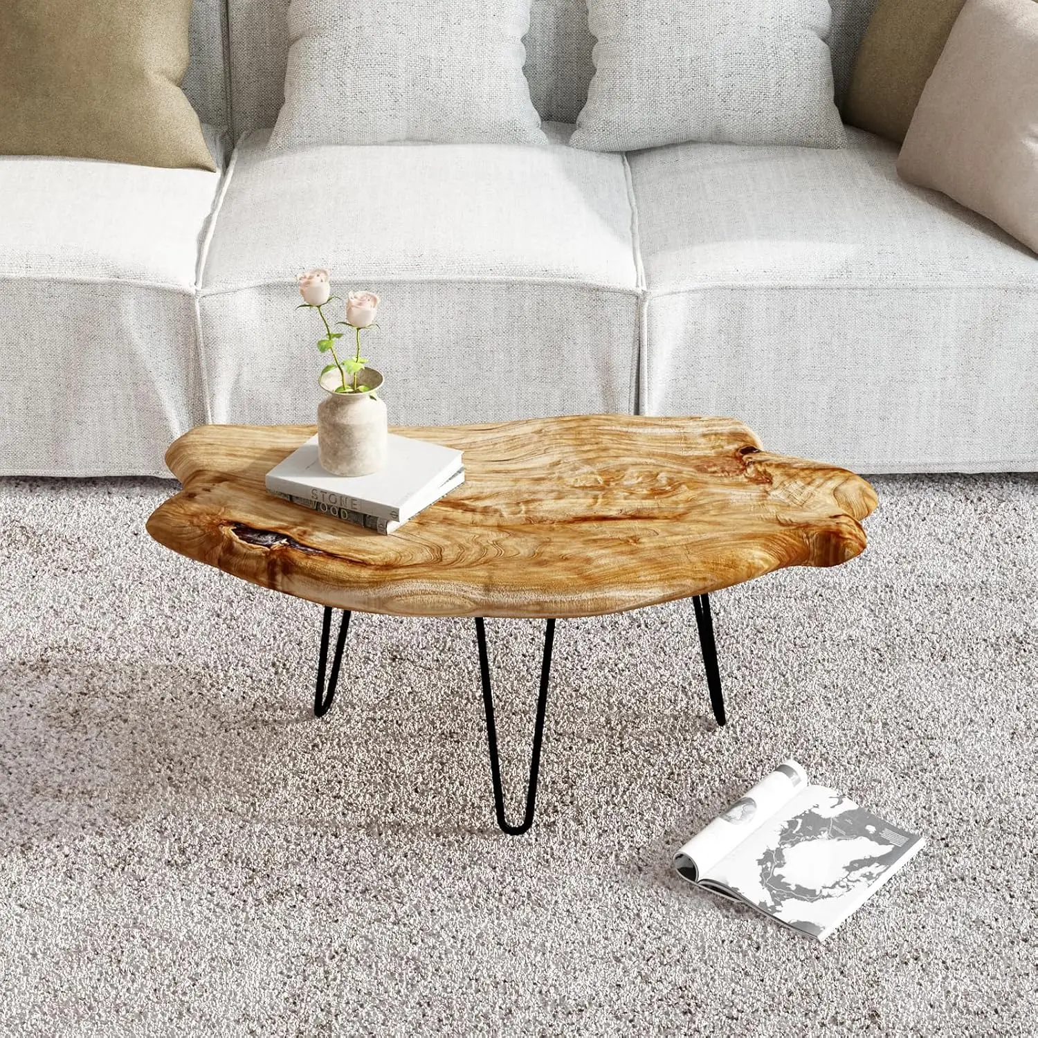 

WELLANDLive Edge Cedar Wood Coffee Table Metal Hairpin Legs 32.5" W x 17" D x 16" H for Living Room, Patio, Bedroom, Home Office