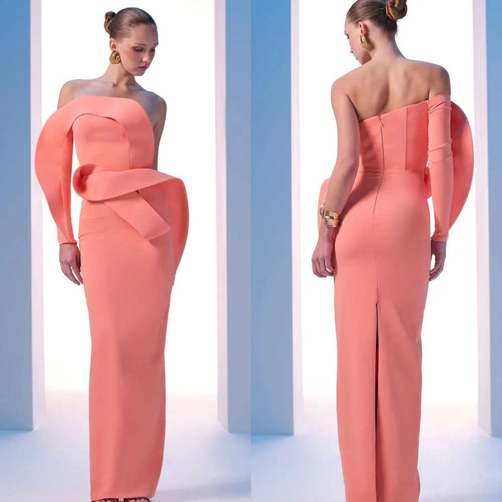 

Customized Formal Orange Jersey Evening Dress Modern Strapless Off the Shoulder Long Sleeves Zipper Back Special Occasion Gowns