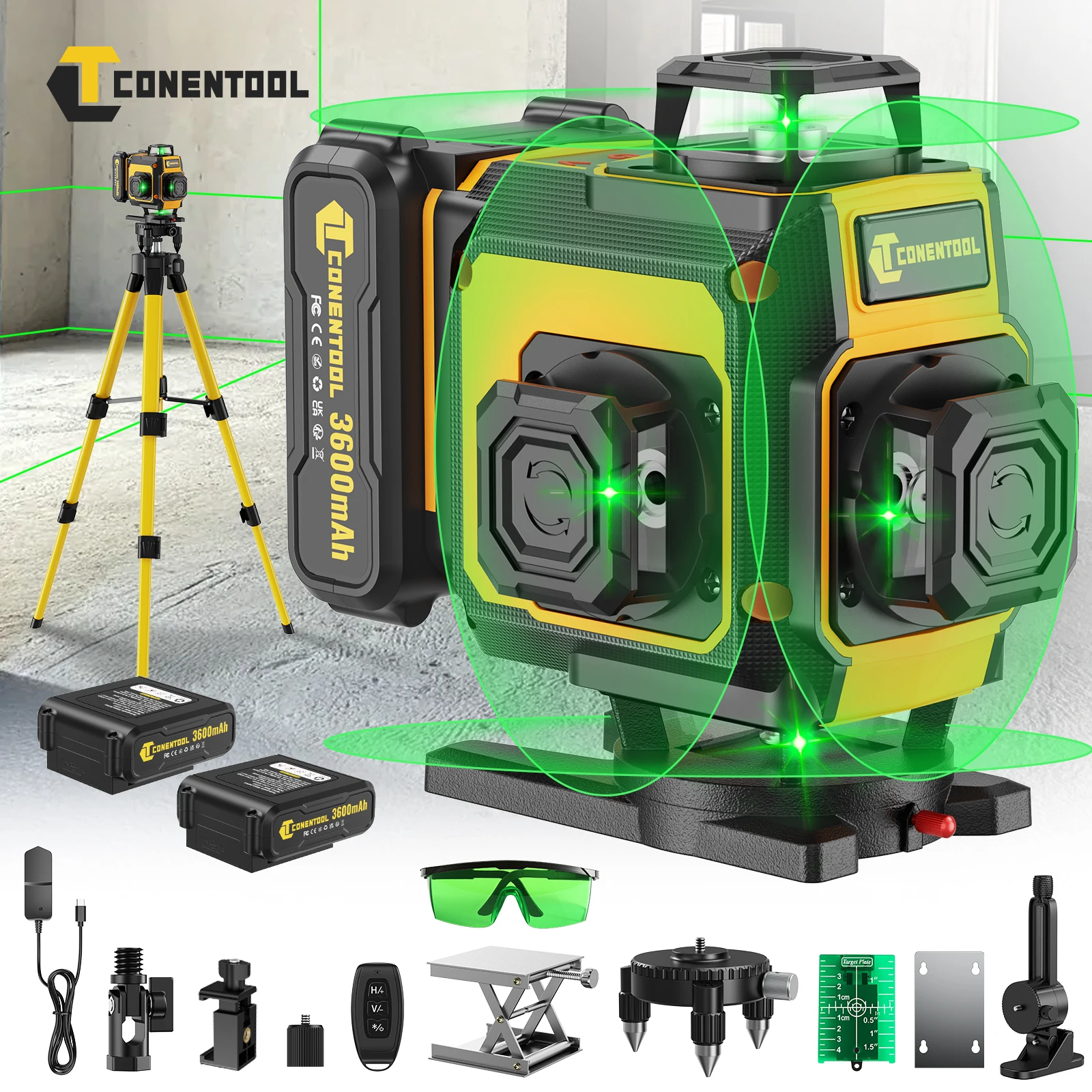 CONENTOOL 4D 16 Lines Green Laser Level Self Leveling Cross Line with Tripod Remote 2 Batteries for Wall Tile Floor Ceiling