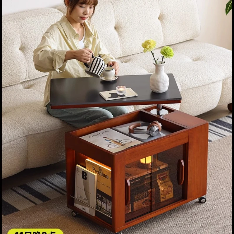 

Movable lift cart Solid wood tea cabinet Side few Bedside office side cabinet