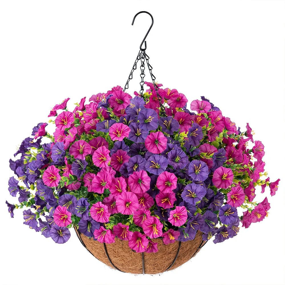 Kunstmatige hangende Morning Glory-bloemen met mandset buitenshuis UV-bestendige nepplanten voor muur huis tuin veranda tuin decor