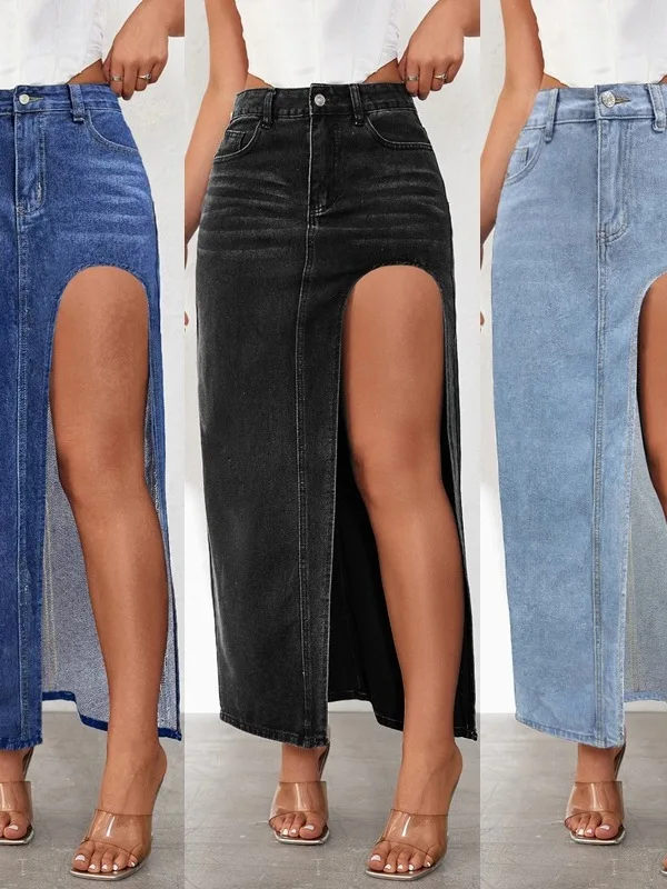 

High Slit Street Sle f Body Denim Skirt Skin-Friendly Breathable Pure Color Ladies' Casual Spor Summer Skirt