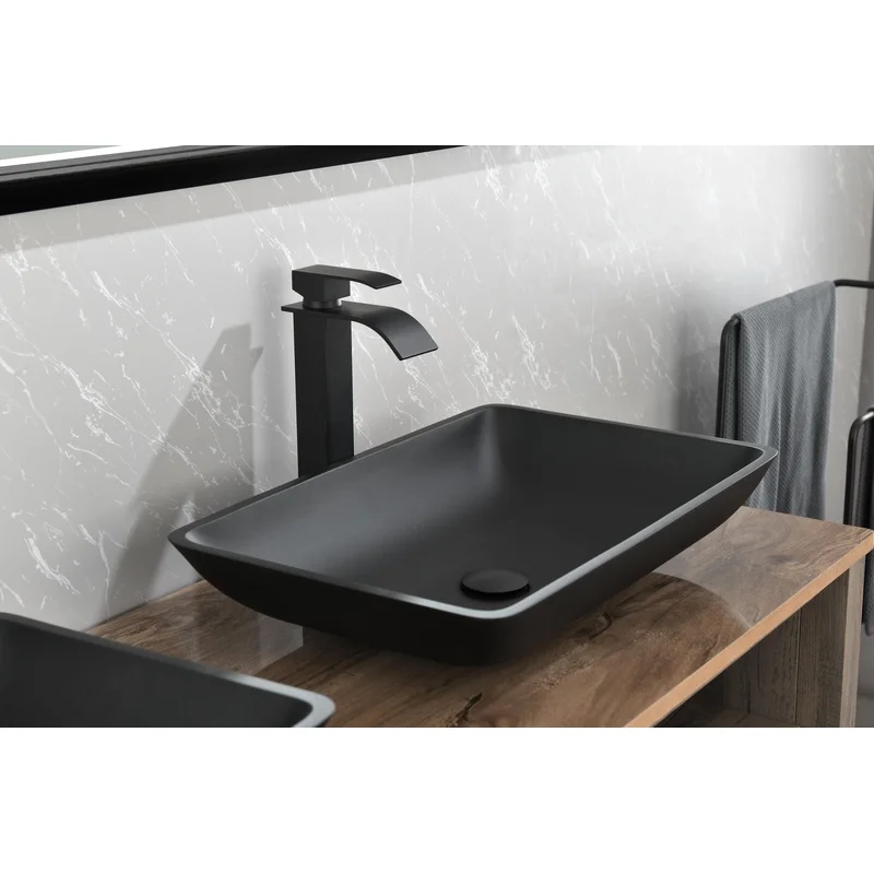 

Matte Black Glass Rectangular Vessel Sink with Faucet and Pop-Up Drain