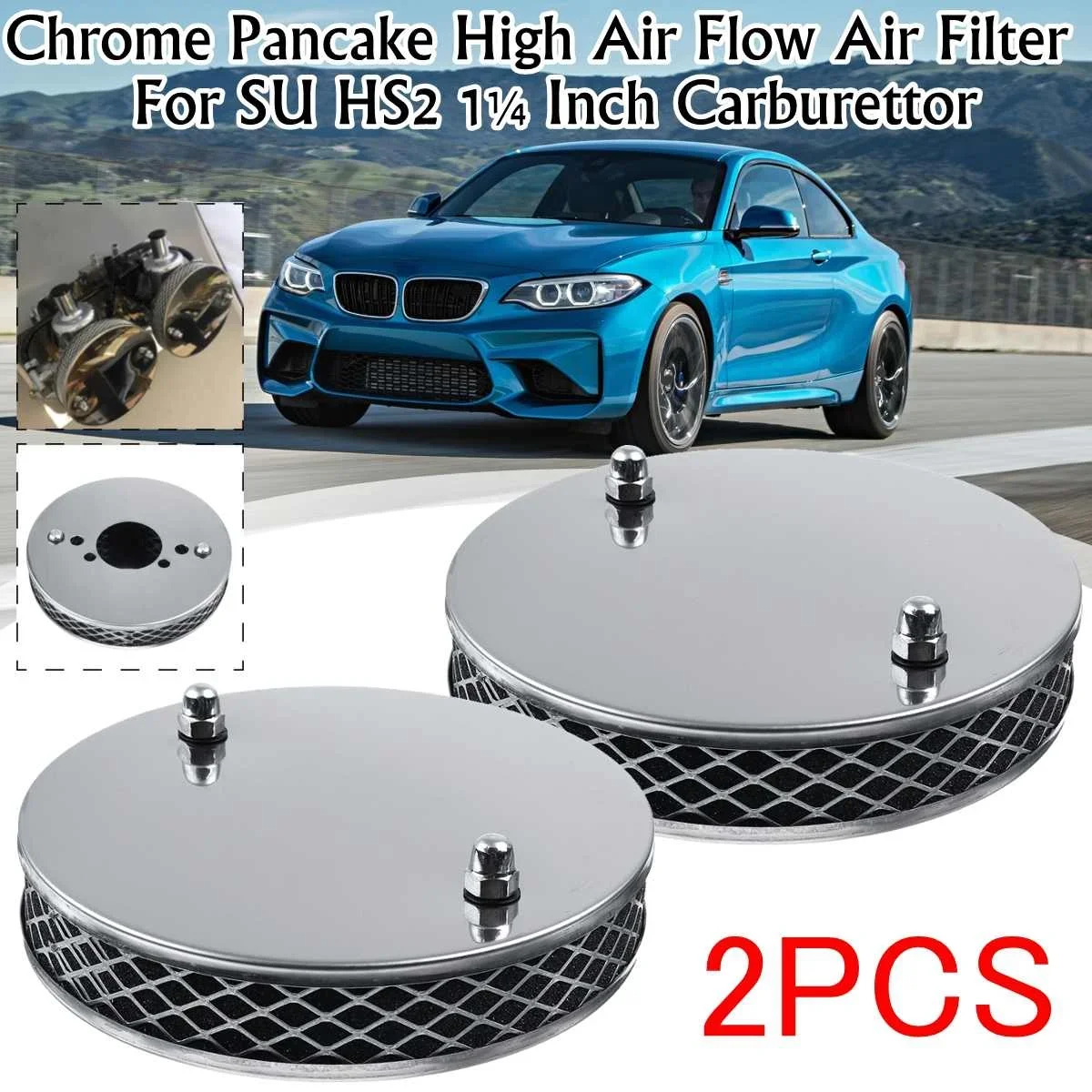 2PCS Car Chrome Pancake High Air Flow Air Filter 14x3cm For All 1.25 inch SU HS2 Carburettors