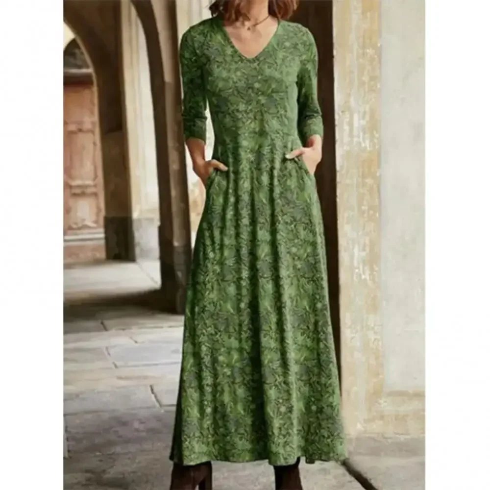 Frauen langes Kleid Blumen druck Ärmel A-Linie Herbst neue elegante Vintage V-Ausschnitt Winterkleider Boho Blumen druck Kleid