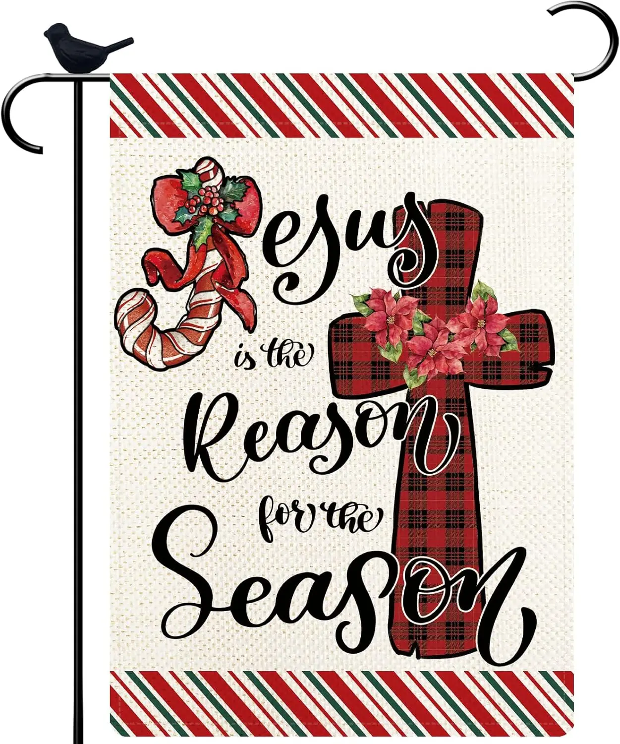 Christmas Jesus is the Reason for the Season Garden Flag Candy Canes Holly Berries Flag 12x18 Inch Nativity Religious Holiday De