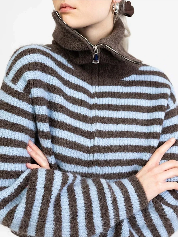 

Кардиган на молнии, женские укороченные коричневые свитера, зимние теплые вязаные куртки, осенние короткие полосатые кардиганы для женщин