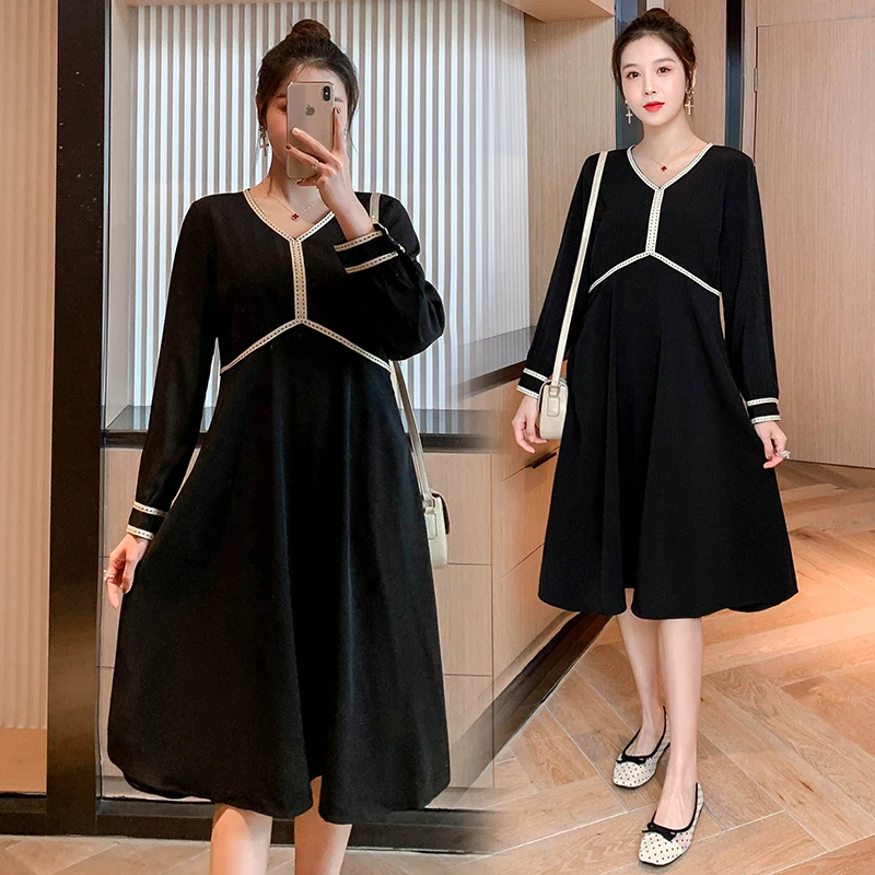 

Plus Size Maternity Dresses Long Sleeve V-Neck Black White Pregnant Women's Elegant Dress Long Loose Pregnancy Empired Dresses