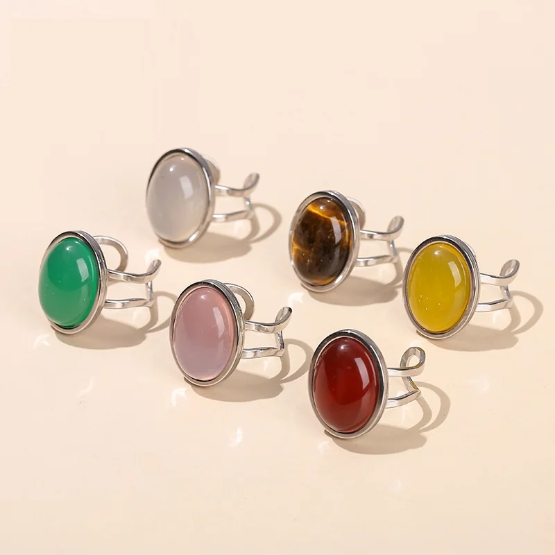 

12pcs Oval Natural Stone Stainless Steel Open Rings Women Boho Green Aventurine Agates Adjustable Reiki Healing Crystal Jewelry