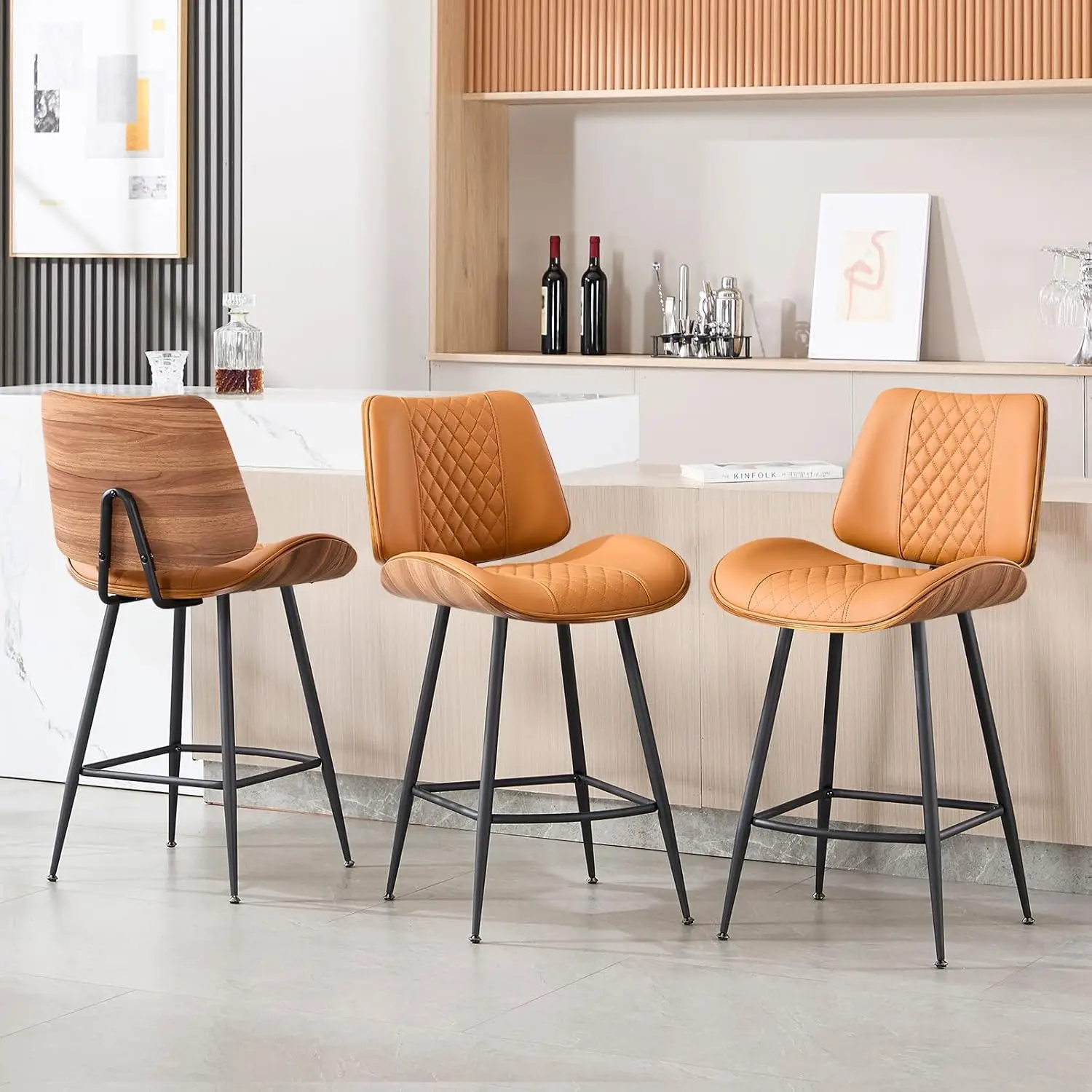 Conjunto de 3 Banquetas Altas para Balcão, Banquetas sem Braços de 26,9 polegadas com Pernas de Metal, Cadeira de Pub em Nogueira com Estilo Moderno, Personalizável