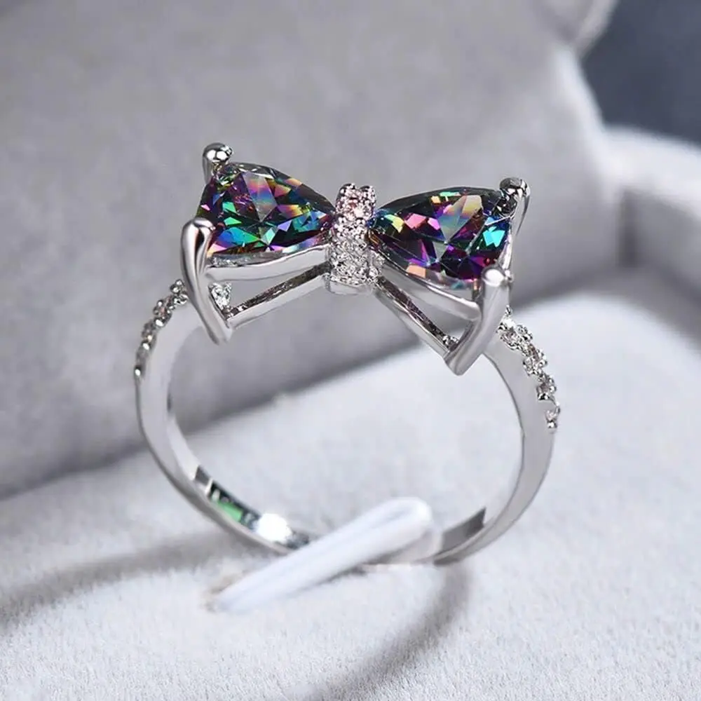 Multi-colored CZ Bow Rings for Women Fancy Bride Wedding Ceremony Party Finger-ring Nice Gift Fashion Jewelry