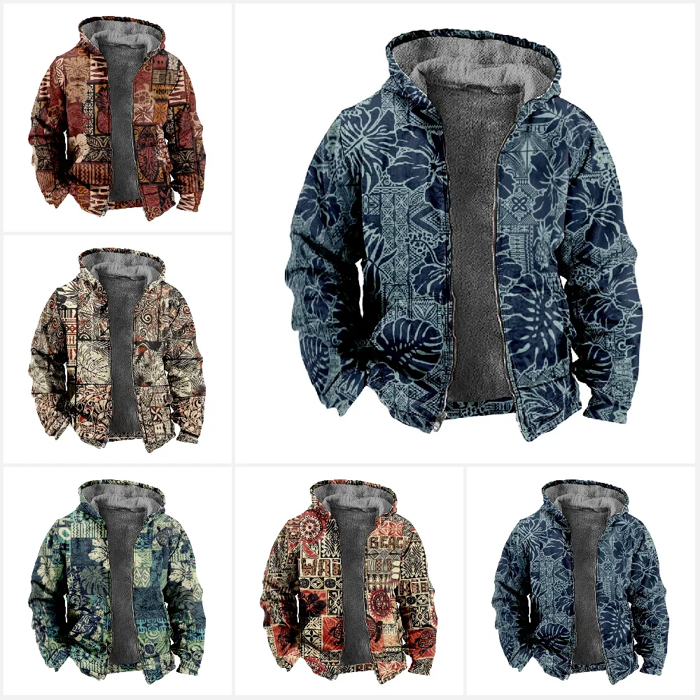 Autumn Winter Fleece Zip Up Hoodies Vintage TIKI HEAD Hawaii Hibiscus Digital Print Men Parka Coat Jackets Outerwear Sweatshirts