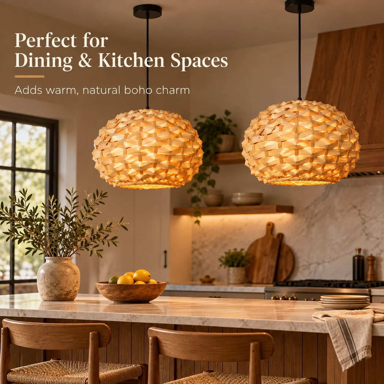 JOYINLED 30cm Handwoven Bamboo Rattan Pendant Light, 3D Textured Boho Hanging Ceiling Lamp E26/E27 for Dining Room Bedroom Cafe