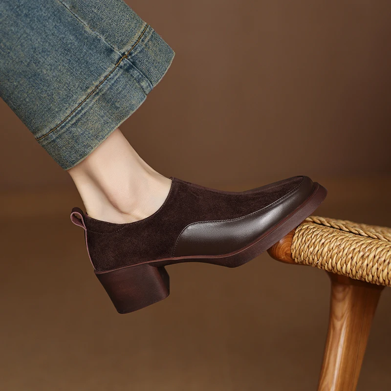 

2026 new spring autumn women pumps natural leather 22-26.5cm cowhide+kid suede mixed color side zip thick heel women shoes