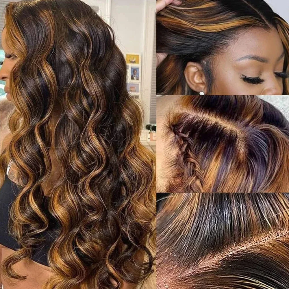 Perruque Lace Front Wig Body Wave synthétique sans colle, 28 pouces, 13x4, balayage brun ombré, HD, densité 180%, pre-plucked