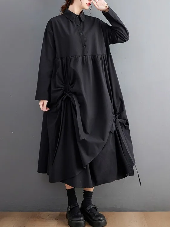 เสื้อสปริงสีพื้น ดีไซน์ผูกปม ทรงเอไลน์ คอเสื้อยาว ดีไซน์ไม่สมมาตร ช่วยพรางหุ่น สำหรับผู้หญิงไซส์พลัส