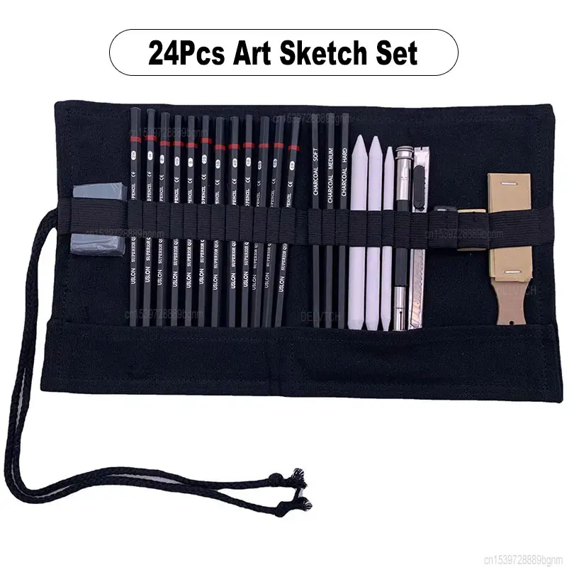 

24Pcs Art Set With Organizer Case Storage Bag 2H-8B Sketch Pencil Soft Medium Hard Charcoal Eraser Artist Drawing Stationery Kit