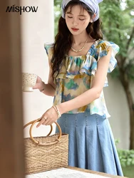 MISHOW French Ruffle Edge Oil Painting Blouses Flying Sleeve Doll Shirt Female 2024 Summer Vacation Square Neck Tops MXD30X1634