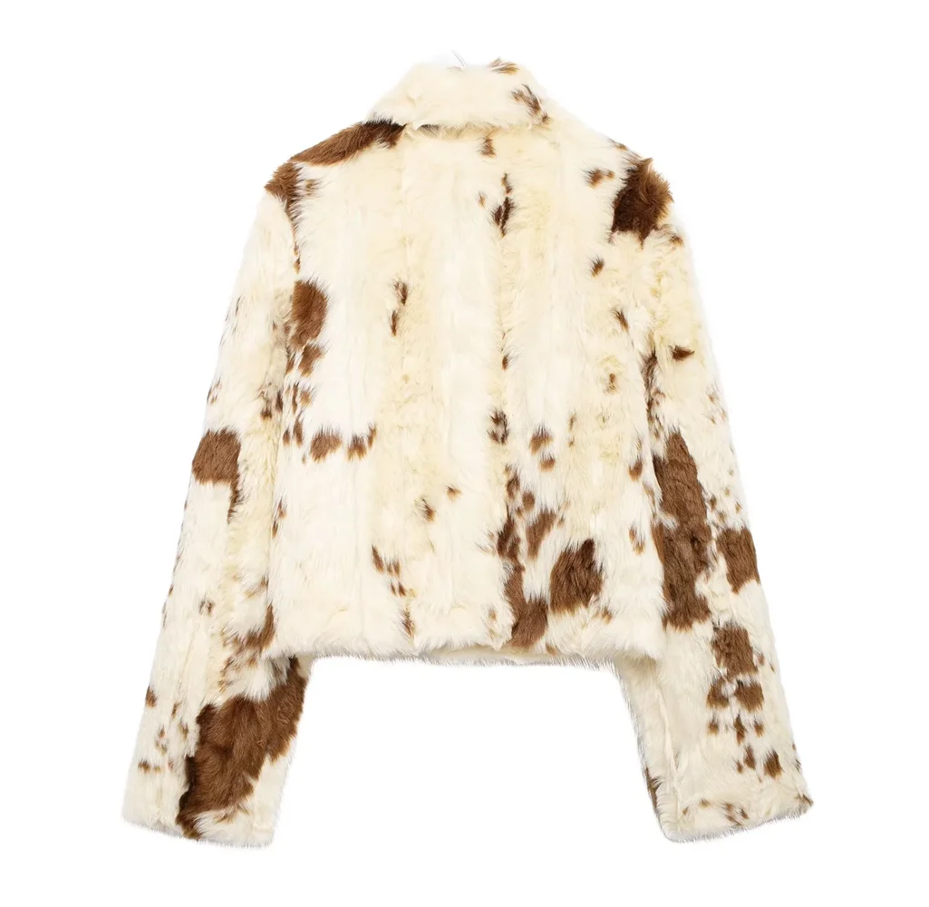 2024 autumn and winter new style temperament fur plush buttonless leopard print long sleeved lapel knitted jacket