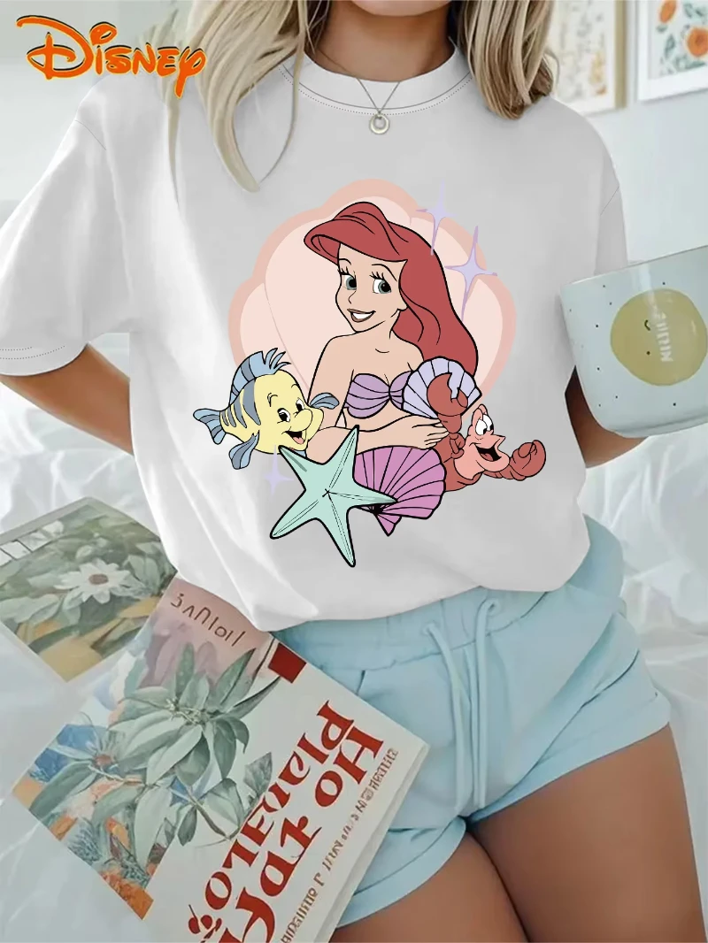

Disney Women's Ariel Little Mermaid Pattern T-shirt Vitality Short Sleeve Round Neck Casual Comfortable Hot-selling Cartoon Tees