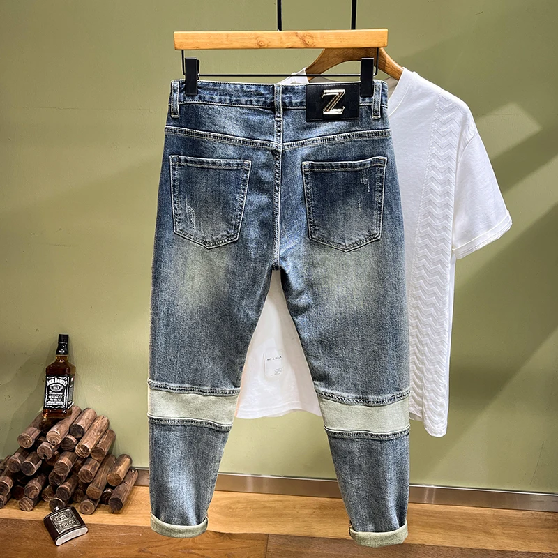 Personalized fashion street splicing patch biker men's jeans trendy casual retro stretch slim tight men's pants