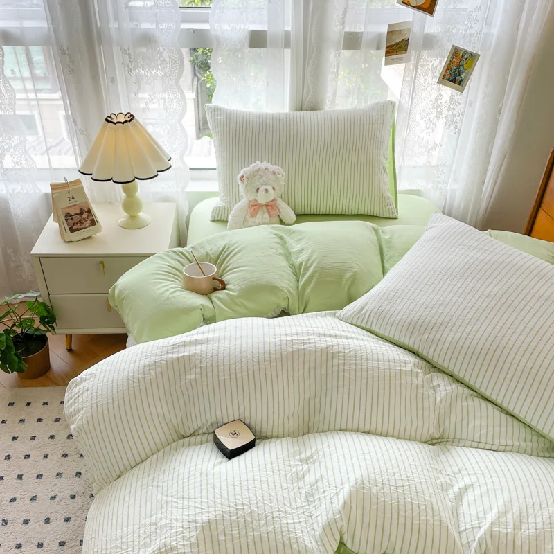 

INS Seersucker Stripes Duvet Cover Pillowcases Flat Sheet Girls Bedding Set Washed Cotton Solid Color Bed Linen Single Size