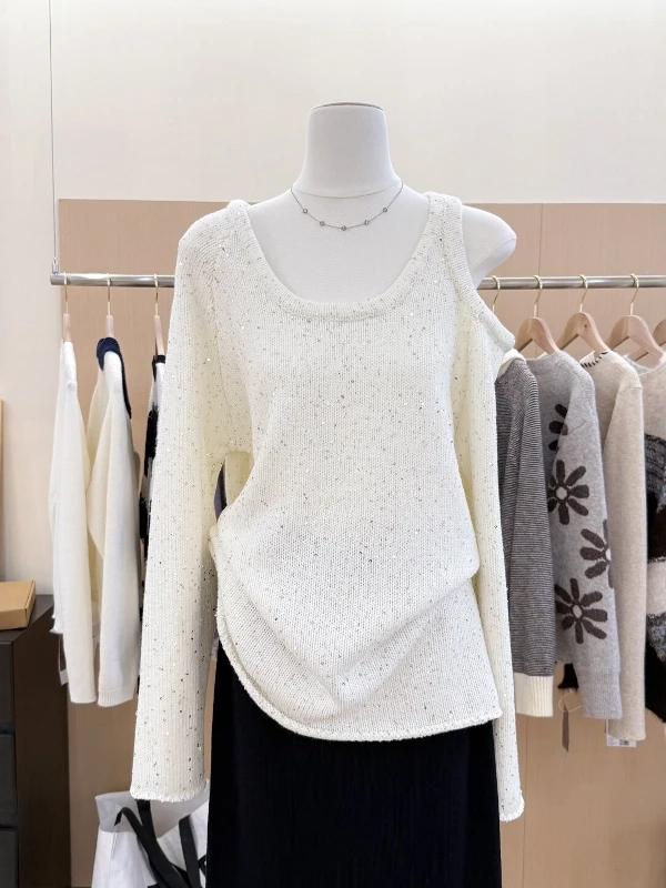 

Женский вязаный свитер с открытыми плечами, длинный, свободного кроя, удобный, повседневный, белый, для осени и зимы