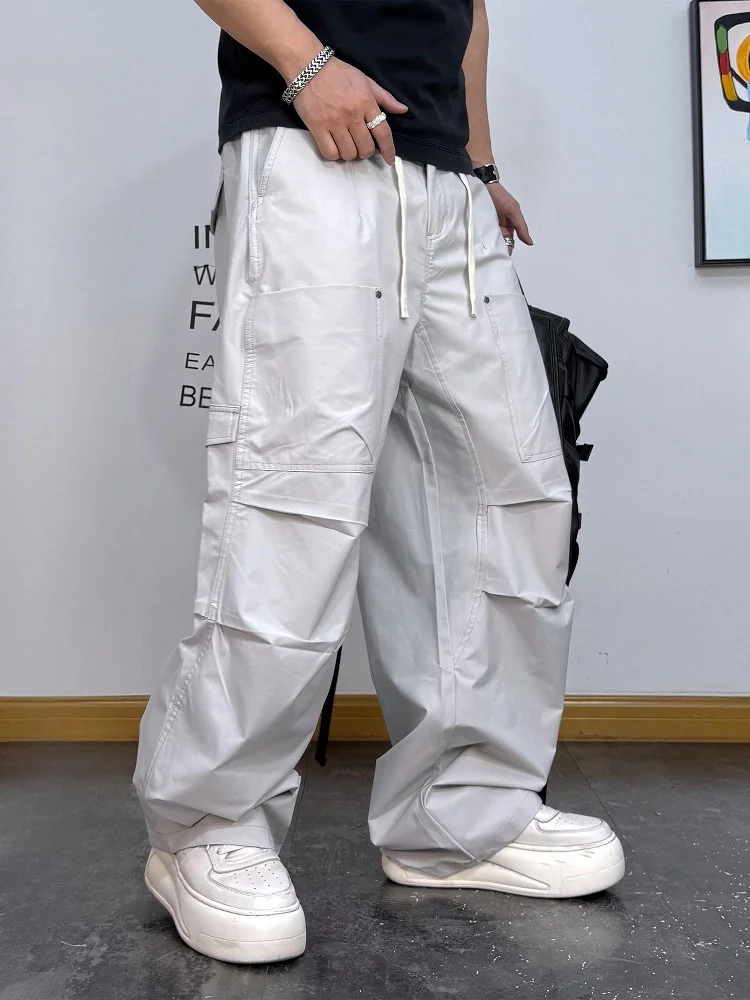 

American Retro Pleated Design Summer Thin Casual Pants Men Loose Straight Casual Match Dstring Soldier Pants Breathable