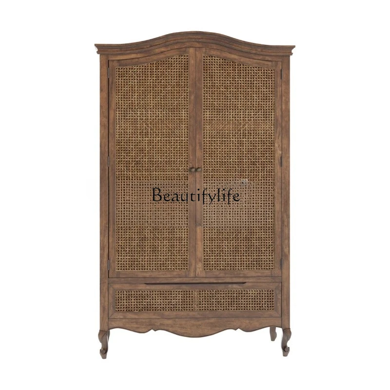 

French solid wood bedroom door independent wardrobe, American country rattan retro overall wardrobe
