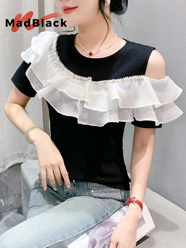 

MadBlack New European Clothes Tshirts Women Sexy Strapless Ruffled Slim Cotton Tops Short Sleeve Tee S-3XL Summer T46662JC