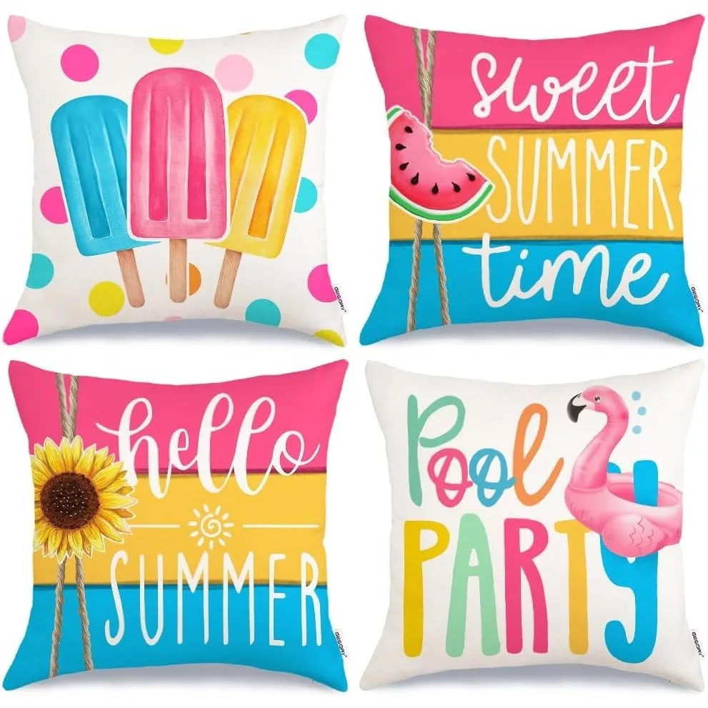 Summer Pillow Covers 18x18 Inch Set Of 4 Popsicles Flamingo Swim Ring Pool Party Decorative Throw Pillowcases For Home Sofa Couch