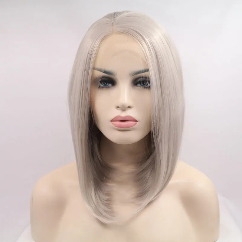 Peluca de cabello sintético con encaje frontal para mujer, pelo corto recto Bob, gris Platino, 13x4, fibra resistente al calor, alta calidad, Cosplay