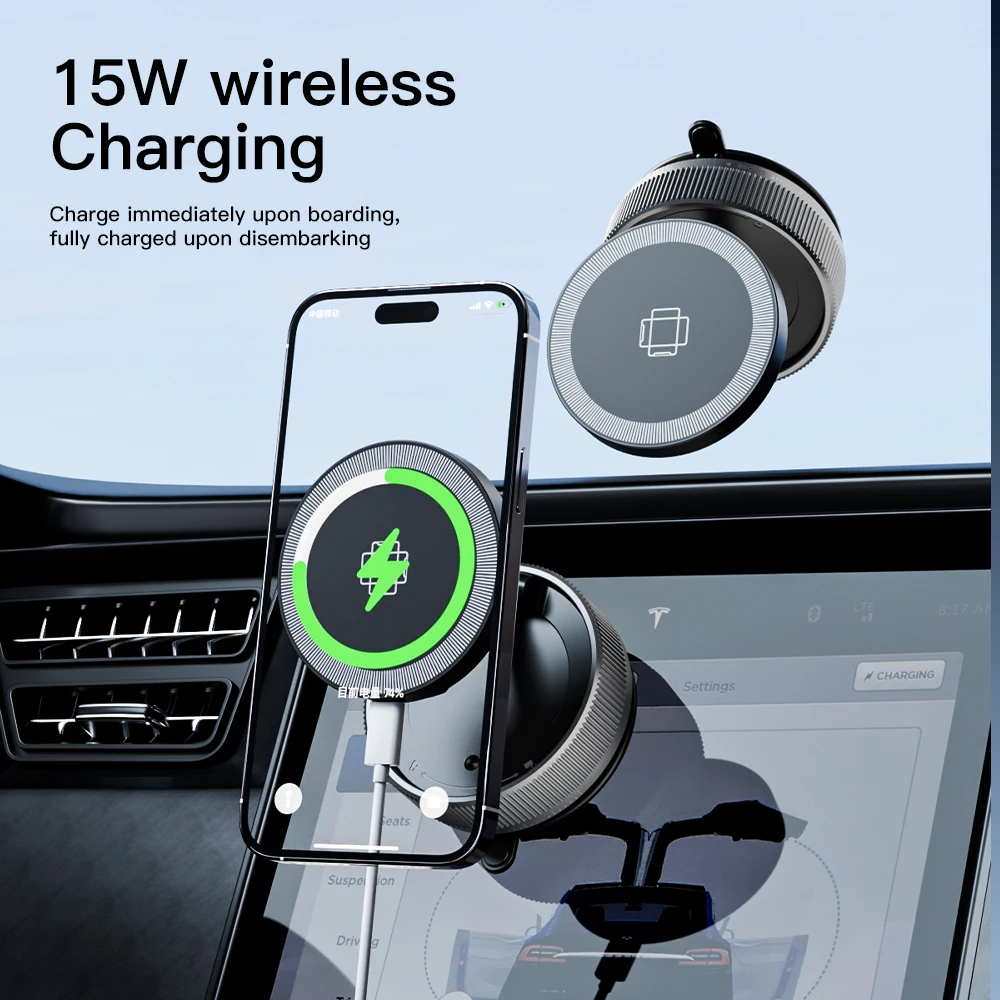 

Сильное магнитное автомобильное беспроводное зарядное устройство, держатель для телефона 360° ° Вращающаяся вакуумная присоска для тренажерного зала Tesla Magsafe iPhone серии 17-12