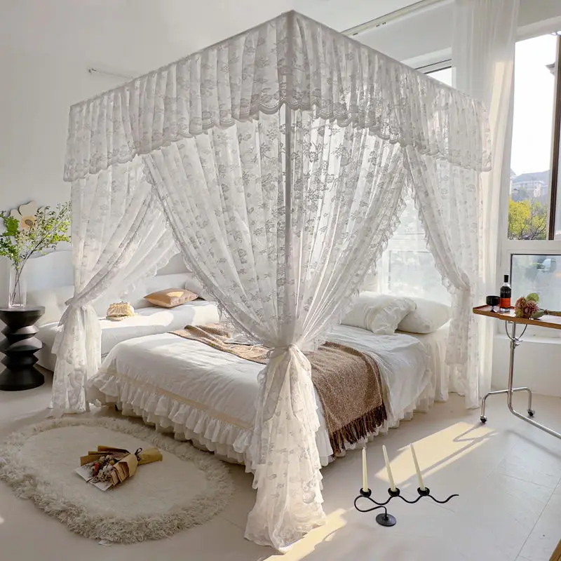 Light Luxury High-end Jacquard White Romantic Lace Mosquito Net No Bracket Three Door Bed Curtain Encrypted Bed Curtain For Home