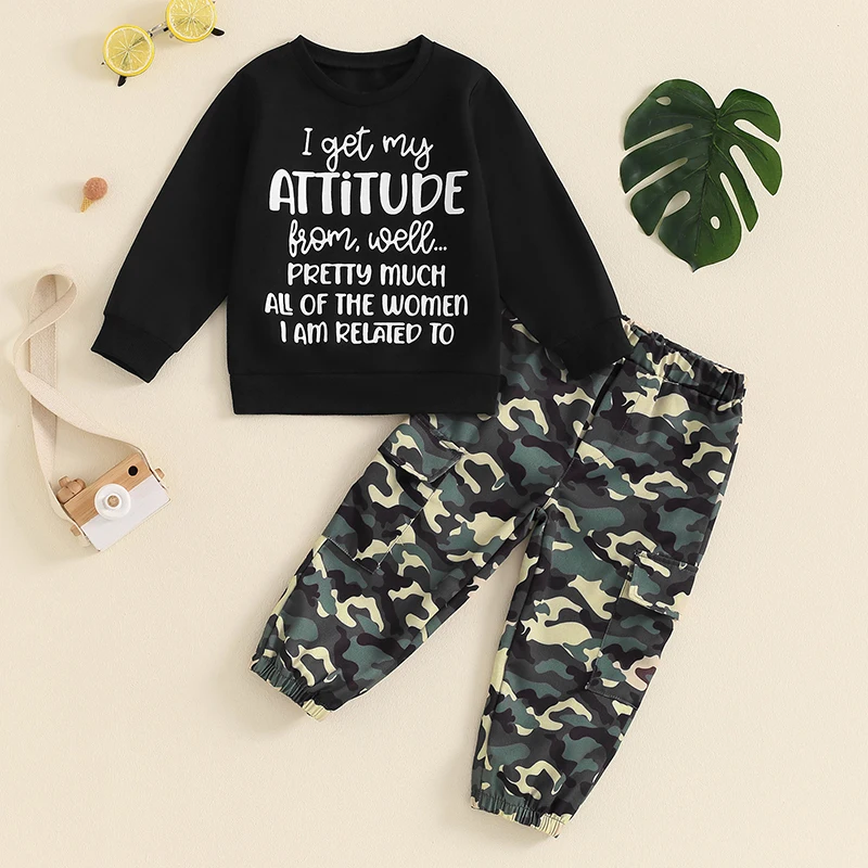 wdehow Toddler Kids Baby Boy Fall Outfits 1T 2T 3T 4T 5T Letter Print Long Sleeve Tops Camouflage Pants Winter Clothes Sets